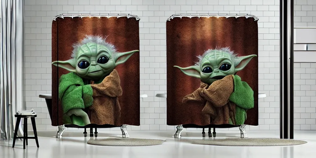 Image similar to a ( ( ( ( ( mando mandalorian ) ) ) ) ) baby yoda playing and running themed shower curtain, shower curtain. product photography. product lighting. digital art. 4 k, highly detailed. saturated. photorealistic.