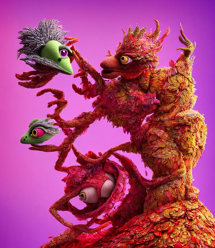 Prompt: hyper detailed 3d render like a Oil painting - kawaii portrait of two Aurora (a beautiful girl skeksis muppet fae princess protective playful expressive acrobatic from dark crystal that looks like Anya Taylor-Joy) seen red carpet photoshoot in UVIVF posing in scaly dress to Eat of the Strangling network of yellowcake aerochrome and milky Fruit and His delicate Hands hold of gossamer polyp blossoms bring iridescent fungal flowers whose spores black the foolish stars by Jacek Yerka, Ilya Kuvshinov, Mariusz Lewandowski, Houdini algorithmic generative render, golen ratio, Abstract brush strokes, Masterpiece, Edward Hopper and James Gilleard, Zdzislaw Beksinski, Mark Ryden, Wolfgang Lettl, hints of Yayoi Kasuma and Dr. Seuss, Grant Wood, octane render, 8k