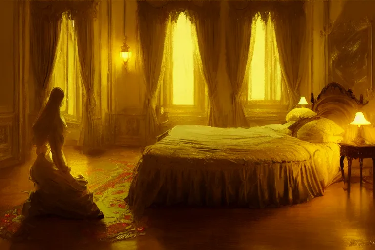 Image similar to an ornate yellow victorian bedroom at night, 1 8 9 0, key visual, conceptart, ambient lighting, highly detailed, digital painting, artstation, concept art, sharp focus, by makoto shinkai and akihiko yoshida and greg manchess