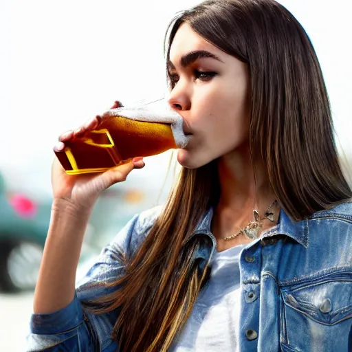 Image similar to 4k,ultra detailed portrait of Madison Beer drinking beer at the parking lot by Rachel Ruysch