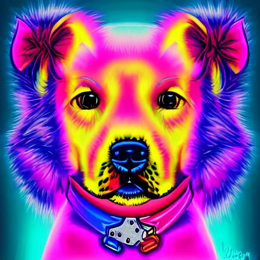 Image similar to portrait of a puppy with UV neon fur holding a gun, in style of Lisa Frank, Artgerm, WLOP, featured on Artstation, deviantart