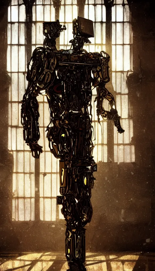 Image similar to portrait of broken humanoid metal robot praying in empty church, sunshine through window, bladerunner, cold color scheme, digital illustration, artstation, cinematic composition