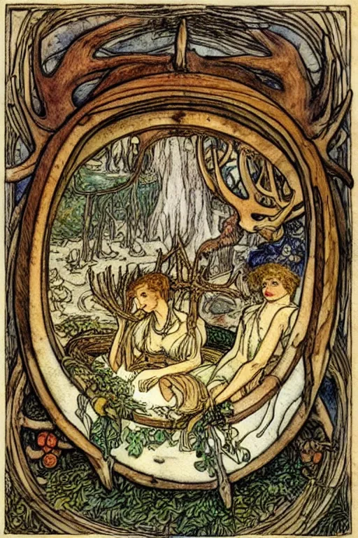 Image similar to a frothy wooden wine barrel in the center of a frame made of antlers and coins, art by walter crane and arthur rackham, illustration style, watercolor