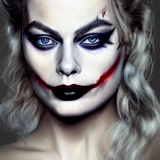 Image similar to beautiful margot robbie with joker makeup, highly detailed, realistic face, digital art