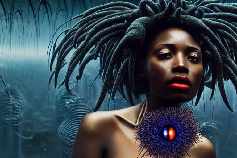 Image similar to realistic detailed photorealistic portrait movie shot of a beautiful black woman with a giant spider, dystopian city landscape background by denis villeneuve, amano, yves tanguy, alphonse mucha, ernst haeckel, jean delville, david lynch, edward robert hughes, roger dean, cyber necklace, rich moody colours, cyber patterns, wide angle