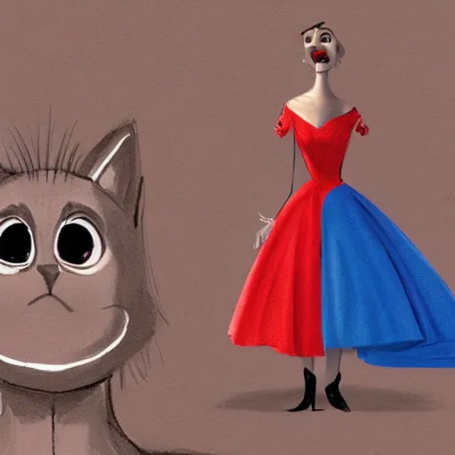 Image similar to concept art portrait of cat wearing dress, pixar, disney