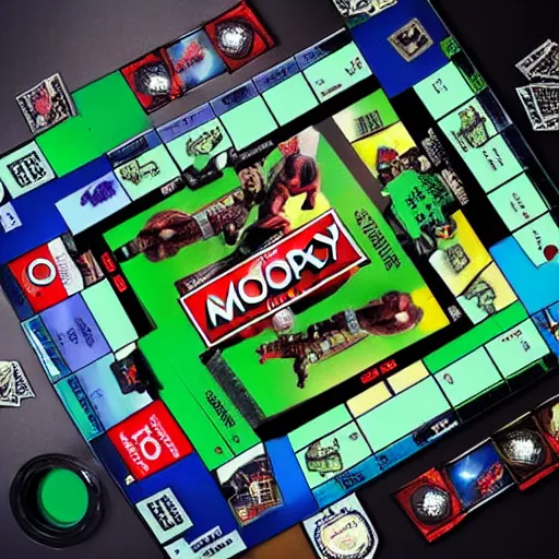 Image similar to monopoly board viewed from above, the avengers themed, hulk, marvel, photo, top view, precise, reality, high quality photograph