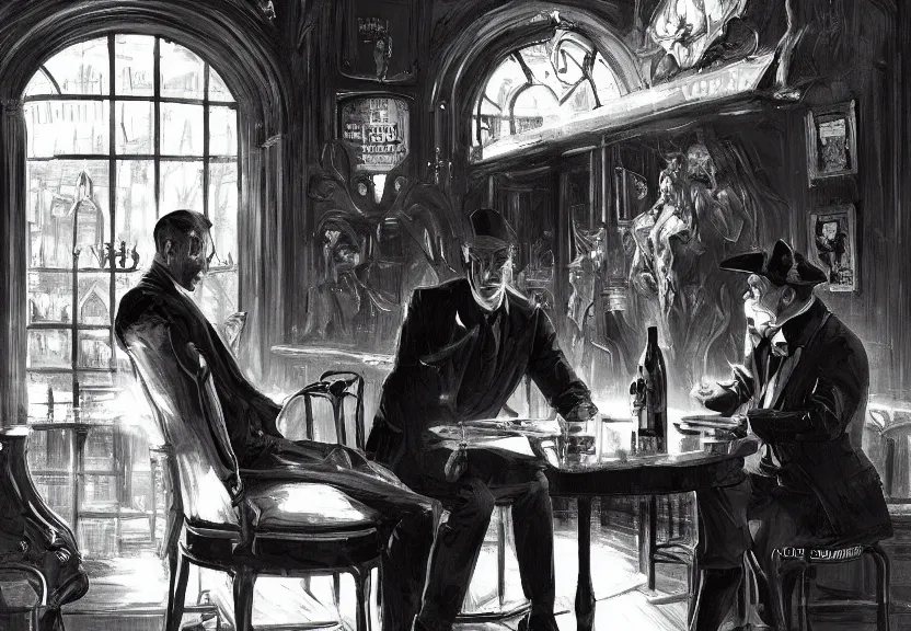 Prompt: the devil demon and a handsome Frenchman sitting in a Irish pub, film noir style, black and white and red colors, establishing shot, highly detailed, digital painting, artstation, concept art, smooth, sharp focus, illustration, Unreal Engine 5, 8K, art by artgerm and greg rutkowski and alphonse mucha