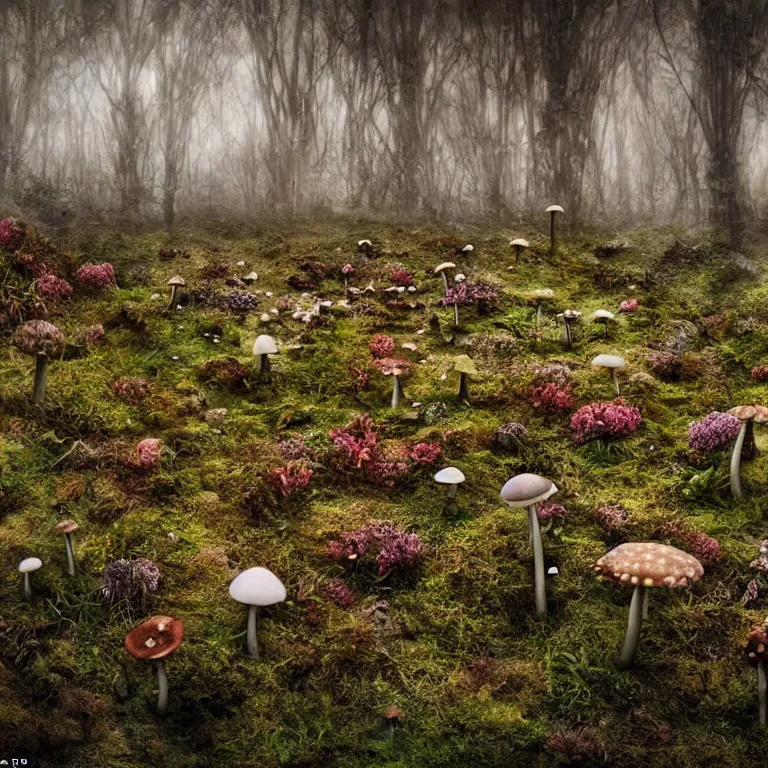 Image similar to a planet of various fungus, mushrooms, flowers and plants, inside the picture is infinity, Atmospheric, artistic photography, conceptual, long exposure outside the city, volumetric light