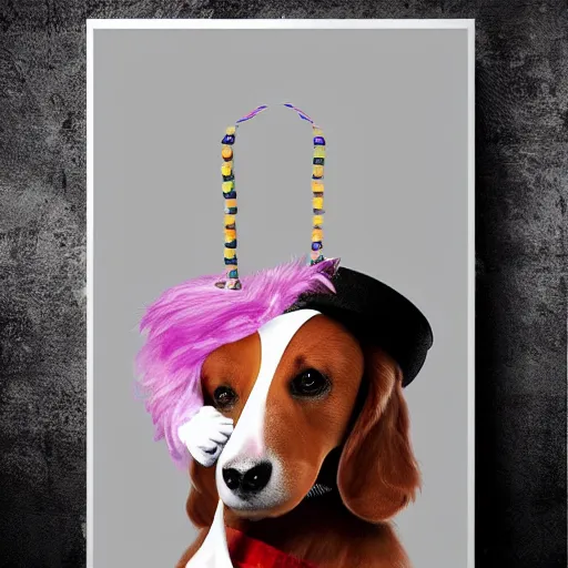 Prompt: drag queen with head of a dog, performing on stage in front of audience, minimalism poster art