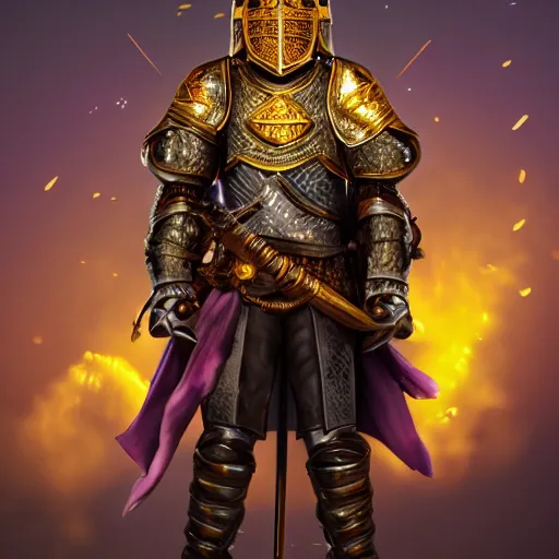 Image similar to a highly detailed knight with glowing purple eyes in a T golden helmet and a golden crown with a blue diamond in the center, golden armor, leather clothes under the armor, leather gloves, holds a black sword, artstation, DeviantArt, professional, octane render, sunset lighting