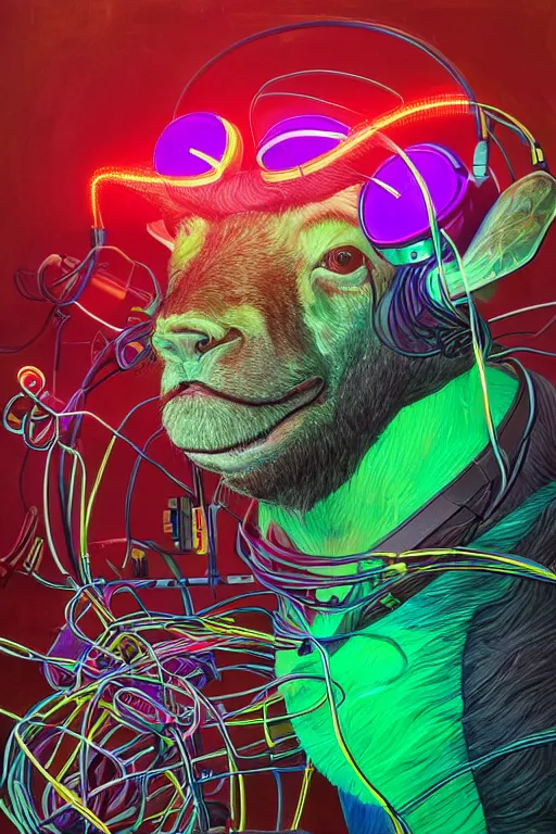 Image similar to stunning highly detailed portrait of an ugly old billy goat with cyber headgear surrounded by wires, neon colors, oil on canvas, strong lighting, by Josan Gonzalez, HD, 4K