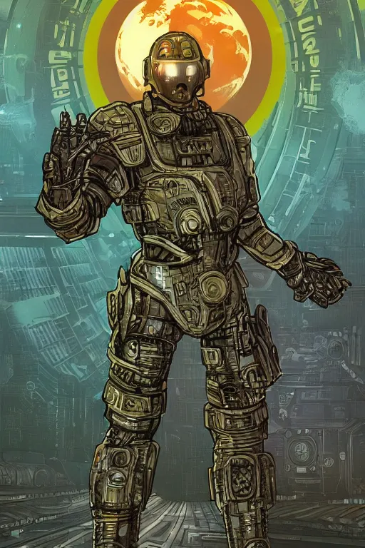 Image similar to post-soviet armored military android on a hyper-maximalist overdetailed retrofuturist scifi bookcover illustration from '70s. Biopunk, solarpunk style.