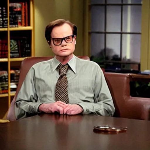 Image similar to dwight schrute pretending to be larry king