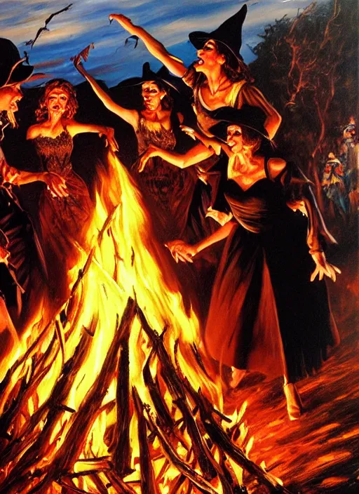 Image similar to witches dancing around a bonfire, pulp art oil painting by mort kunstler, intricate, hyper detailed, 4 k, hd, award winning, photorealistic