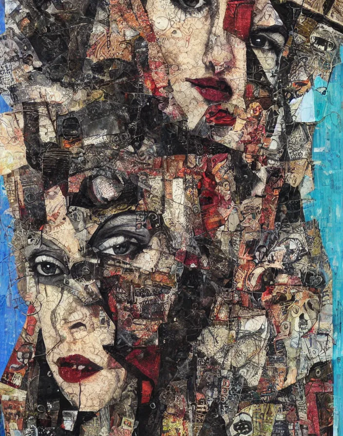 Image similar to distortion of reality detailed mixed media collage with canvas texture, conteporary art, punk art, realistic face, photorealistic, expressionism, masterpiece, perfect composition, spectacular quality, intricate oil details