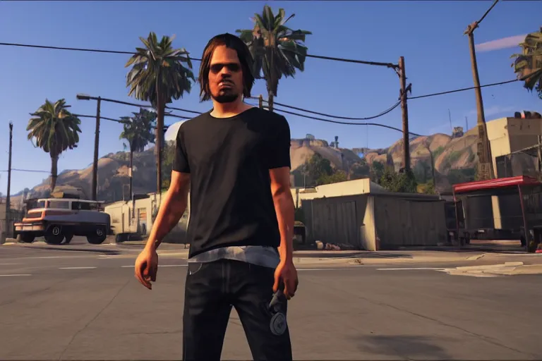 Prompt: Orelsan GTA V loading screen, electrying ambiance, cinematic