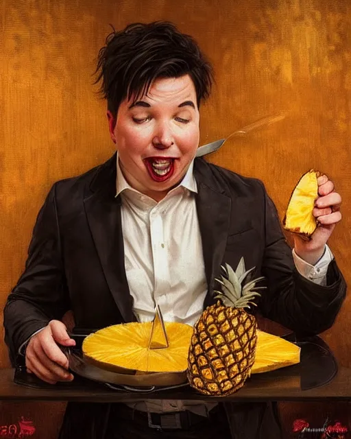 Image similar to Portrait of a drunk Michael Mcintyre eating a pineapple in a nightclub in Porto,real life skin, intricate, elegant, highly detailed, artstation, concept art, smooth, sharp focus, art by artgerm and greg rutkowski and alphonse mucha