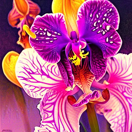 Image similar to detailed surreal orchid iris hybrid flower with lsd dew drops on petals, backlit, sunset, refracted lighting, photorealistic, soft, sharp focus, art by collier, albert aublet, krenz cushart, artem demura, alphonse mucha