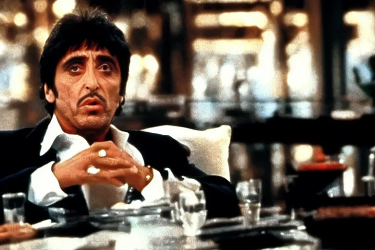 Image similar to tony montana from movie scarface 1 9 8 3 sitting behind a big black oak table with big large packages of flour. al pacino. perfect symmetric face, coherent eyes, close up, fine details, 4 k, ron cobb. last scene from scarface movie, bokeh