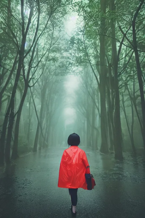 Prompt: Cinestill 50d, 8K, highly detailed, studio ghibli totoro style 3/4 extreme closeup portrait, eye contact, focus on clear transparent raincoat girl model, tilt shift zaha hadid style forest background: famous blade runner remake, tokyo izakaya scene