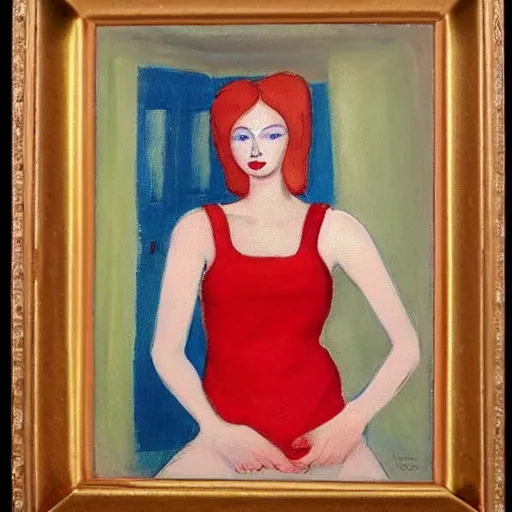 Prompt: Woman model appearance, in the colors of Russian folk art, red hair, coral lips blue shadow, style Edward Hopper