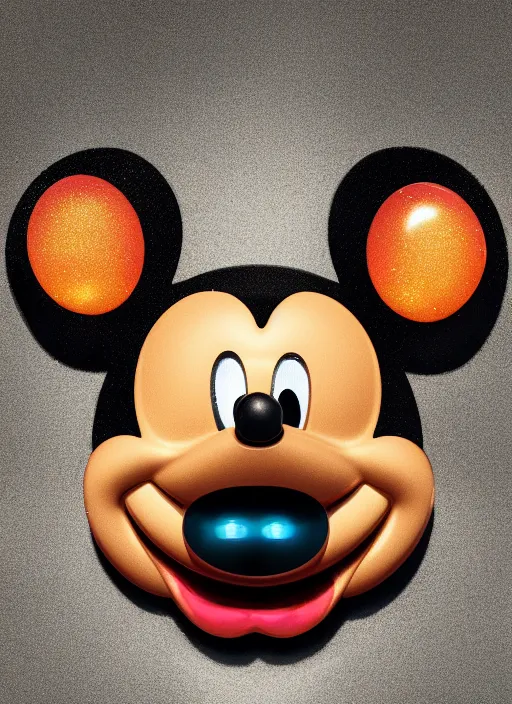 Image similar to mickey mouse head, fractal, broken, wet, mycelium, radiant alien, rococo, baroque, automotive, bio-mechanical, porcelain, iridescent sub surface scattering, octane render