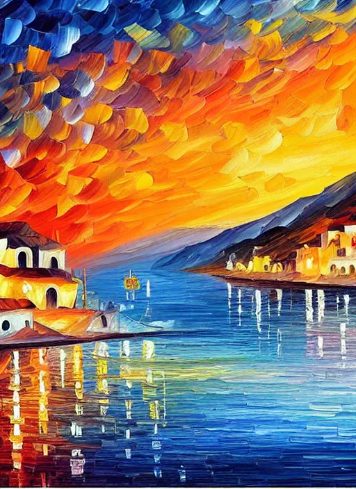 Image similar to beautiful seaside greek village at sunset in the style of leonid afremov