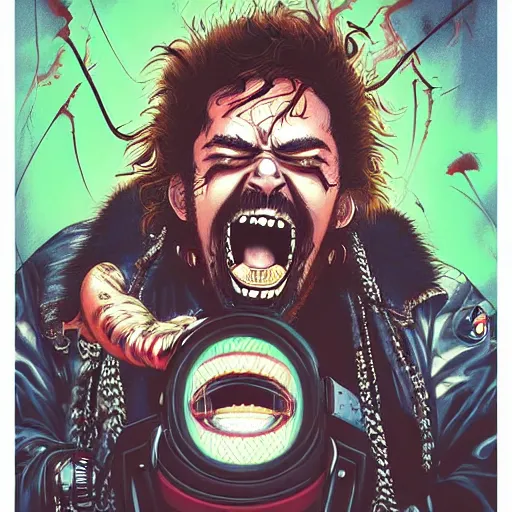 Image similar to portrait of crazy screaming post malone with red eyes like hal 9 0 0 0, as vampire, symmetrical, by yoichi hatakenaka, masamune shirow, josan gonzales and dan mumford, ayami kojima, takato yamamoto, barclay shaw, karol bak, yukito kishiro