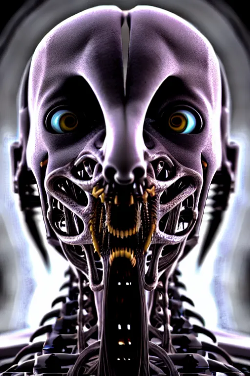 Image similar to photograph of a beautiful biomechanical creature that has a humanoid face, cinematic, realistic, hyperdetailed