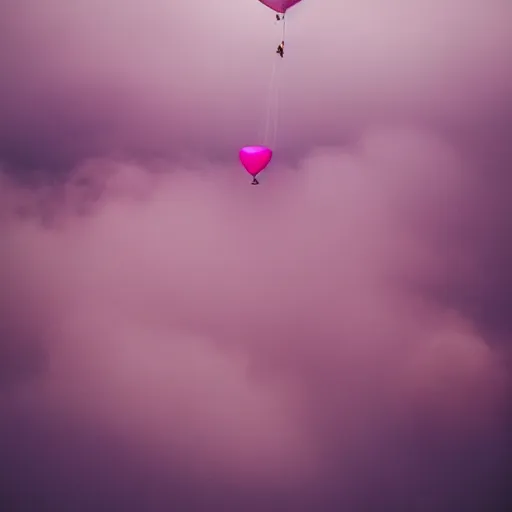 Image similar to a 5 0 mm lens photograph of a cute pink floating modern house, floating in the air between clouds, inspired by the movie up, held up from above by a heart - shaped ballon. mist, playful composition canon, nikon, award winning, photo of the year