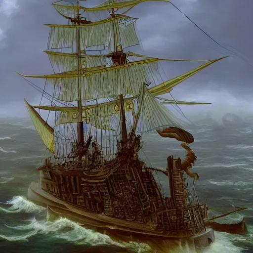 Image similar to grand maori 1 4 th century battleship fantasy high seas rain wind moody