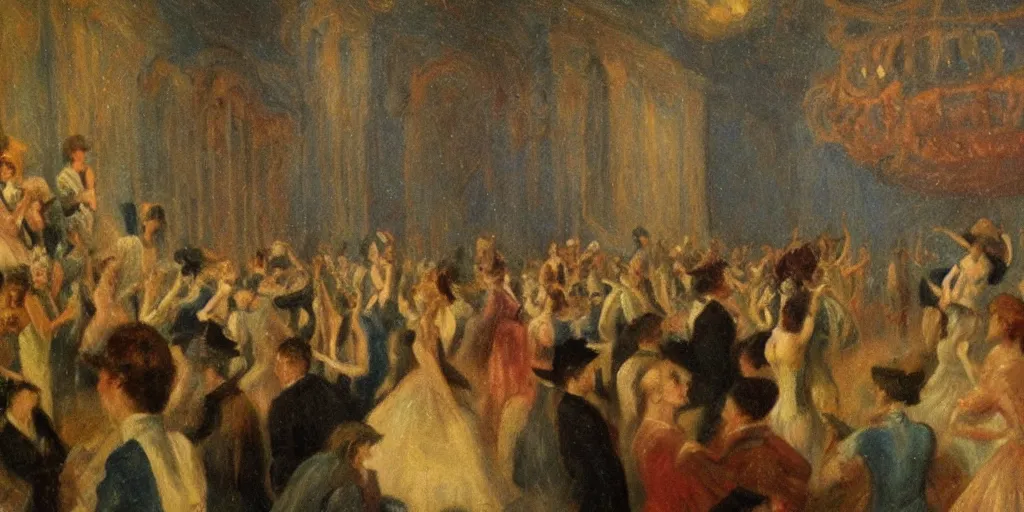 Prompt: an audience full of tall terrifying aliens at the ballet. In the victorian era. in the style of an impressionist painting.