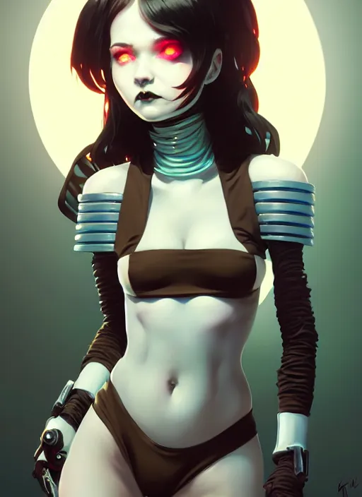 Image similar to portrait of cute goth maiden girl in cyber bikini armor, face by ilya kuvshinov, warhammer, cyberpunk, by atey ghailan, by greg rutkowski, by greg tocchini, by james gilleard, by joe fenton, by kaethe butcher, dynamic lighting, gradient light blue, brown, blonde cream and white color in scheme, grunge aesthetic