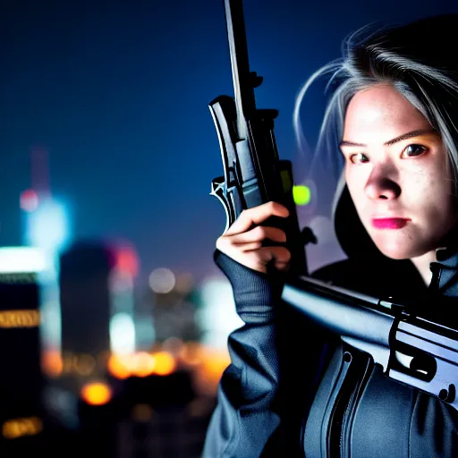 Prompt: photographic portrait of a techwear woman holding a shotgun, closeup, on the rooftop of a futuristic city at night, sigma 85mm f/1.4, 4k, depth of field, high resolution, full color, Die Hard, movies with guns, movie firearms