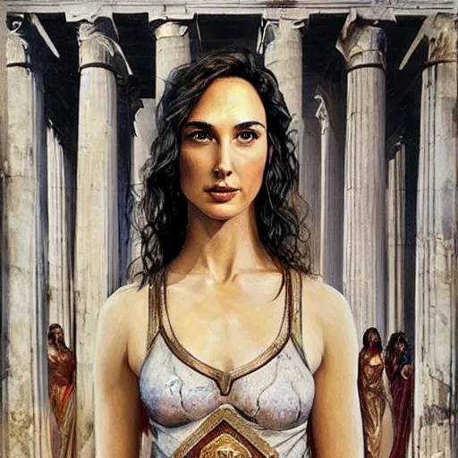 Image similar to Full body oil painting of the beautiful woman Gal Gadot, she is wearing some withe ancient roman cloths and a surreal ornate, her hair is natural disheveled, she is approaching heaven, she is in the Parthenon in Athens while people are claiming for her, she is attracting lightnings, aerial view, naturalism, dramatic lighting, high-detailed oil painting by Ilya Repin, Michelangelo da Caravaggio, William Blake, Alex Grey and Beksinski, trending on Artsatio, hystorical painting, masterpiece, 4k, 8k,