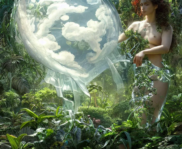 Image similar to transparent clear see - through image of twisting clouds, lush botany, orchids, ferns, garden environment, ultra realistic, concept art, art nouveau, photorealistic, octane render, 8 k, unreal engine. art by gustave dore and nori inoguchi and sam kaplan and zachary goulko and christopher marley and artgerm and alphonse mucha