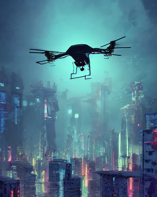 Prompt: cyberpunk bird drone above a city, scifi, futuristic, neon light, highly detailed, concept art, sharp focus, trending on artstation, intricate, atmosphere, raining, art by roman makarenko, dzung phung dinh