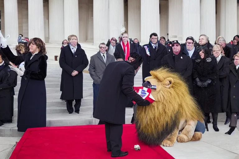 Image similar to photo of the usa presidential inauguration, a lion fursuiter being inaugurated as president