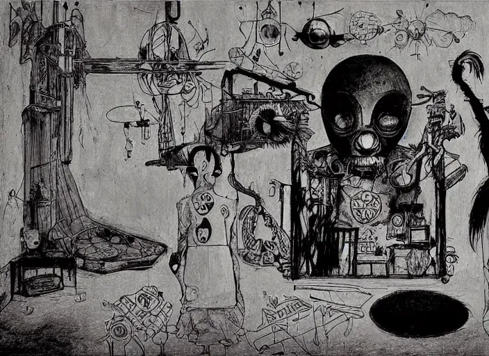 Image similar to a scene from an art housr feature film by alejandro jodorowsky, roger ballen and nobuyoshi araki : : exterior view, retro sci - fi, occult ritual : : a storyboard drawing in the style of enki bilal, moebius and mike mignola, graphic art, 4 k