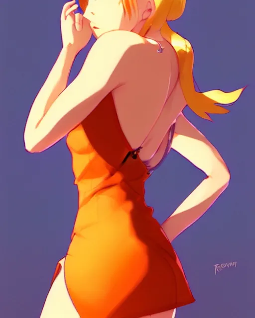 Prompt: blond woman in an orange ripped mini dress, by artgerm, by studio muti, greg rutkowski makoto shinkai takashi takeuchi studio ghibli