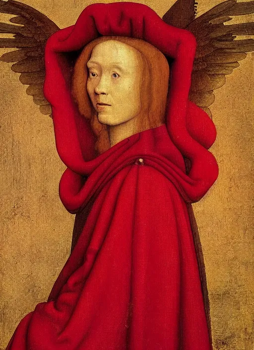 Image similar to profile of a fallen angel dressed in red with wings by Jan van Eyck, Hieronymus Bosch, Johannes Vermeer 4k post-processing, highly detailed medieval painting