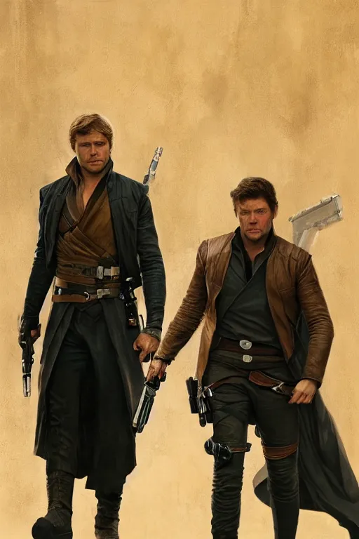 Image similar to a detailed matte portrait of jensen ackles dressed as has solo and misha collins as luke skywalker, masterpiece, 8 k, art by alphonse mucha and greg rutkowski