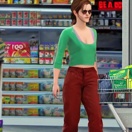 Prompt: Emma Watson wearing baggy pants at a 7-Eleven in GTA 5.