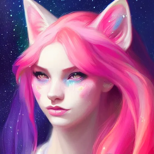 Image similar to colorful and festive cat with pink hair,. rich vivid colors, ambient lighting, dynamic lighting, 4 k, atmospheric lighting, painted, intricate, highly detailed by charlie bowater