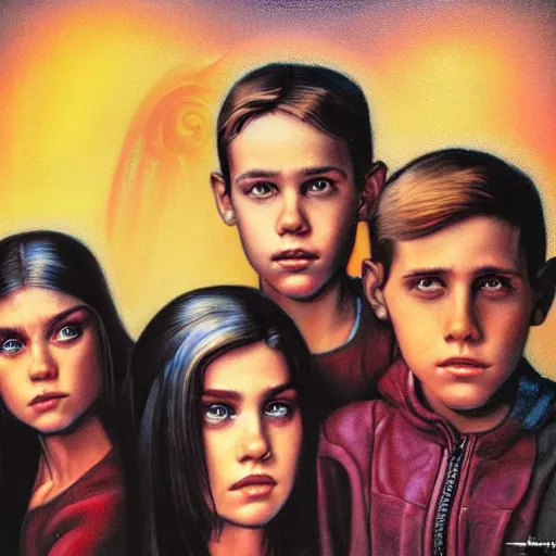 Image similar to 4 siblings standing together, 3 male 1 female, airbrush art, drew struzan illustration art, key art, portrait