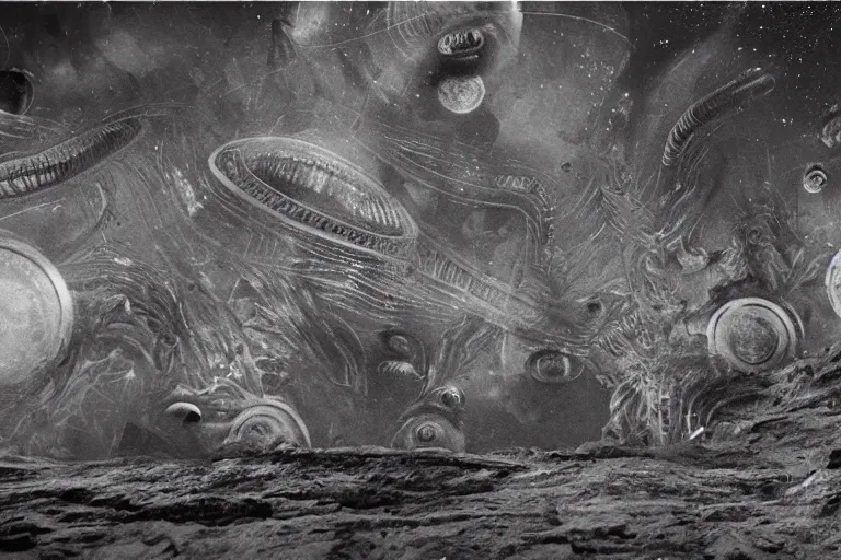 Prompt: Alien landscape, cosmic horror, a glitch in the Matrix, 1920s, fear.