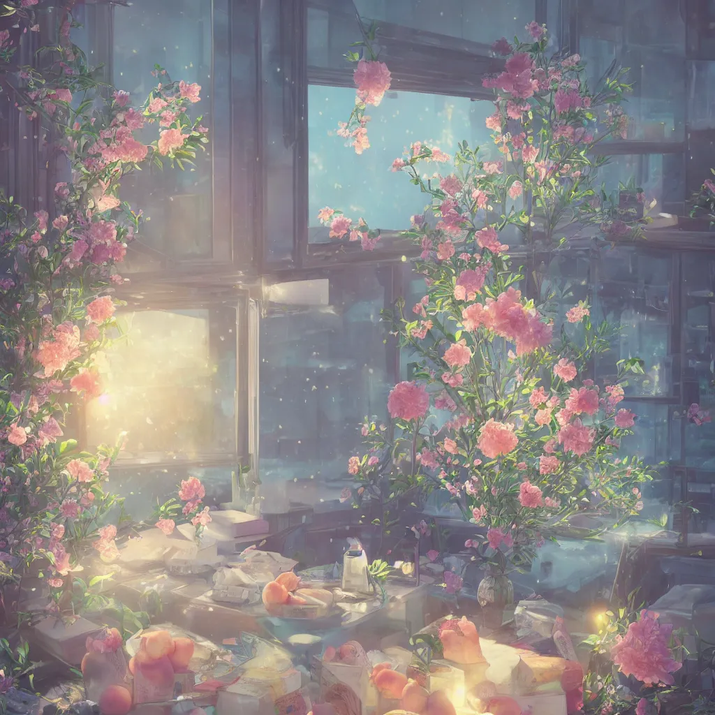Image similar to cold drinks, ice cream, peach embellishment, books and flowers, in the style of makoto shinkai, dreamy, soft, global illumination, radiant light, intricate environment, luminescence, highly detailed, 8 k