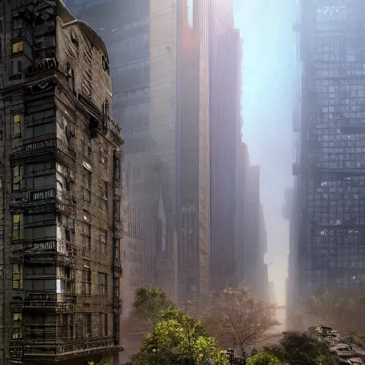 Prompt: ruination flooded new york city in the year 3100, skyscrapers, view from third floor, posat-apocalyptic community, vegetation growing back onto buildings, hyper-realistic, cinematic lighting, foggy, photorealistic, highly detailed, skycrapers, alone