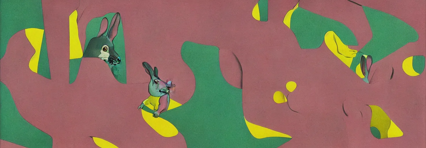 Prompt: rabbit shape pink rock, by m. c. escher, yellow, green, red, snowy, ultra sharp, ultra detailed, cyberpunk, happy, uplifting, colorized by salvador dali